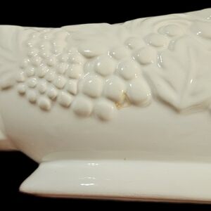 Vintage White Ceramic Gravy Boat With Embossed Grapes And Leaves Design.  9"x4"